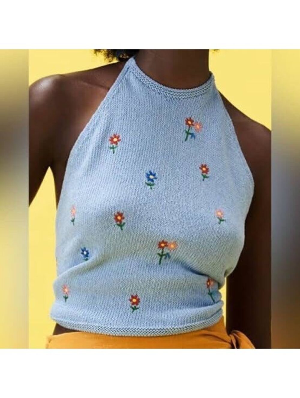 Zara Light Blue Knit Halter Top with Floral Embroidery L